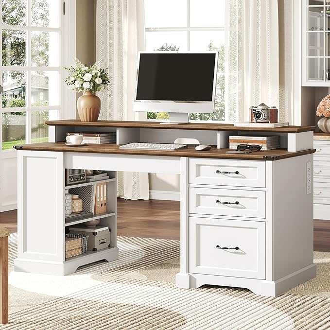 55'' Farmhouse Executive Desk with Drawers Computer Desk with File Cabinet and Side Bookshelf Writing Gaming Desk with Monitor Stand &amp Charging Station White and Walnut
