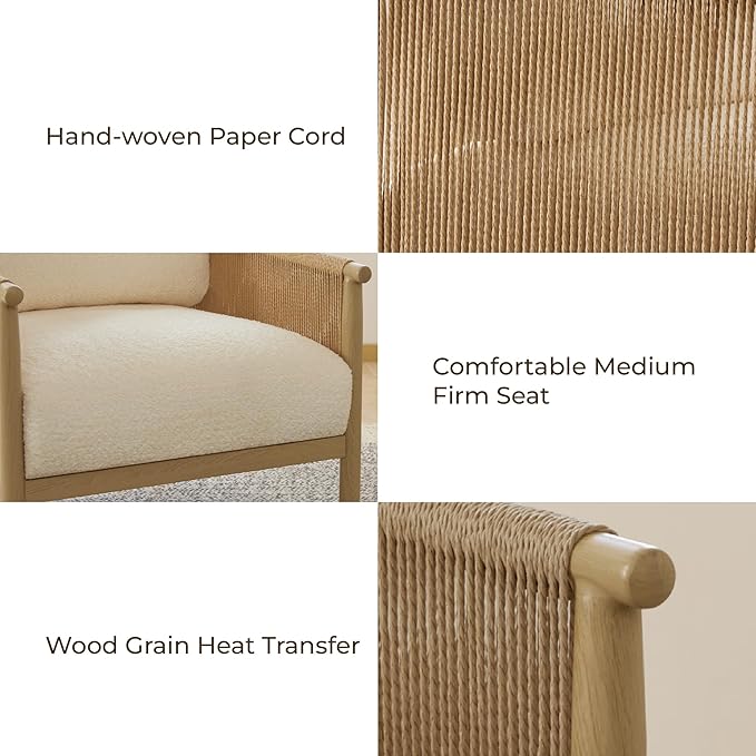 CHITA Braid Accent Chairs Modern Armchair with Wood-Like Finish Metal Frame for Living Room and Bedroom Boho Reading Chair Cream