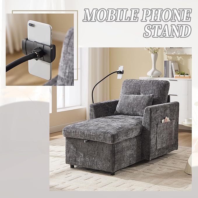 32 Comfy Chaise Lounge Sofa Bed Chair with Storage Side Pockets Phone Holder &amp 2 Pillows Modern Chenille Upholstered Sleeper Sofa Leisure Chair for Living Room Bedroom Small Spaces (Grey)