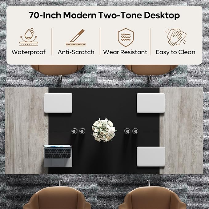 Bestier 70 Inch Large Executive Desk Modern Simple Computer Office Desk with Thickened Desktop Wood Metal Conference Room Table for Home Office Business &amp Writing Grey