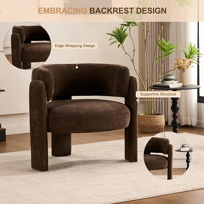 Modern Accent Barrel ChairMid Century Single Armchair with Curved Backrest Upholstered Side Reading Chair with 3 Legs Comfy Sherpa Chair for Bedroom Home Office Living Room (Brown)