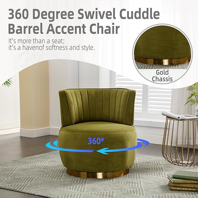 KEIKI Swivel Barrel Accent Chair 360 Degree Rotating Upholstered Armchair with Velvet Fabric for Living Room Office Bedroom Olive