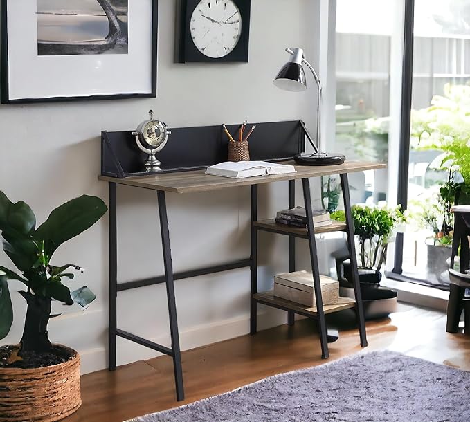 Penau Rustic Oak Writing Desk with Black Finished Legs 2-Tier Shelf Smartphone Holder Modern Design for Home Office