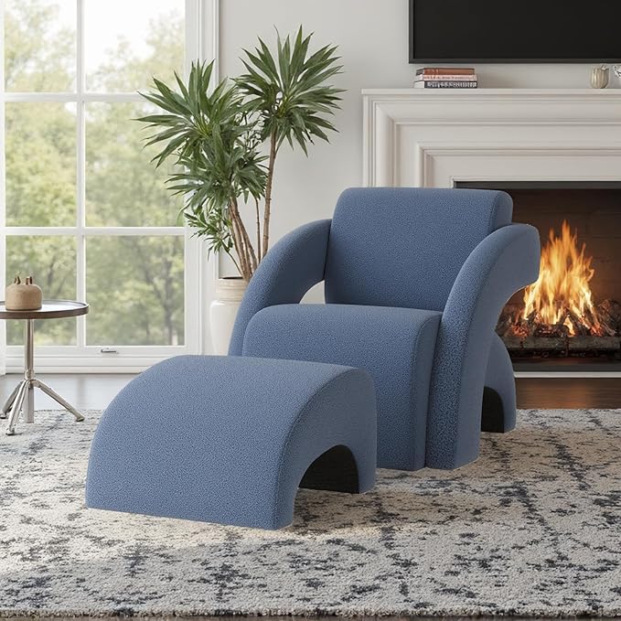 Soohow Upholstered Armchair with Ottoman – Plush Bouclé Fabric Curved Seat &amp Sled-Base Lounge Chair for Living Room Bedroom Study
