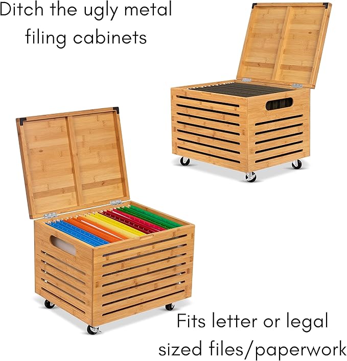 BIRDROCK HOME Rolling File Storage Organizer Box with Lid (New Version) - Bamboo Decorative Wood Hanging File Box for Letter/Legal Documents Binders Blankets - Durable Office Organizer - Natural