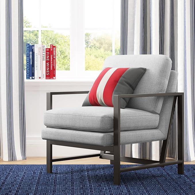 Tommy Hilfiger Russell AccentChair Medium-Soft Pillow Back Mid-Century Modern &amp Industrial Armchair Comfortable LoungeChair for Living Room Bedroom or Office Gray Square Metal Frame in Light