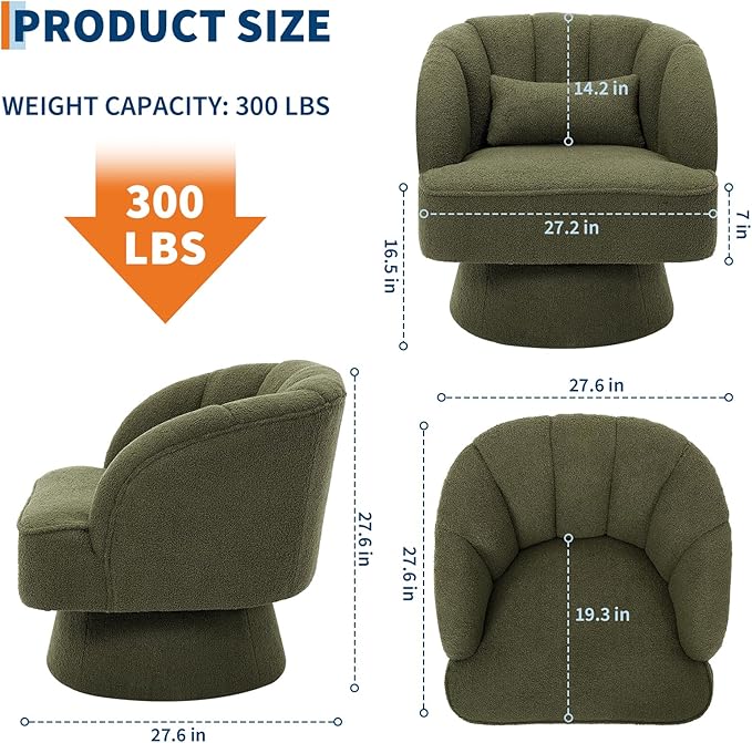 GarveeHome Modern Swivel Barrel Accent Chair 360° Teddy Fabric Upholstered Armchair with Striped Backrest &amp Plush Padding Comfy Round Lounge Chair for Living Room Bedroom Reading Nook Green