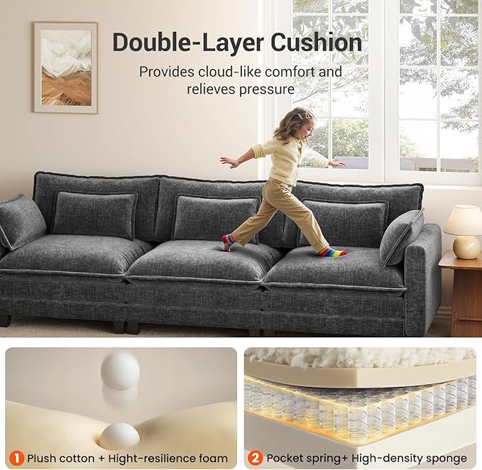 Pipishell Sectional Couches for Living Room 110.6 U-Shaped Modular Sectional Sofa 5-Seat Chenille Deep Seat Cloud Couch with 2 Movable Ottomans &amp Throw Pillows Grey