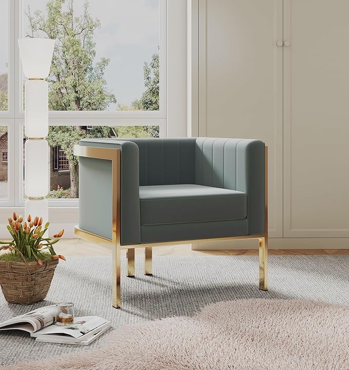 Manhattan Comfort Paramount Velvet Accent Armchair Set of 2 Polished Brass Frame with Geometric Legs Art Deco Chair 1920s Glamour Fully Assembled Living Room Lounge Seat Warm Grey