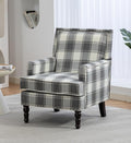 Vintage Upholstered Mid Century Accent Armchair with Solid Wood Frame &amp Plush Cushion for Living Room Bedroom Office - Antique Grey Checkered