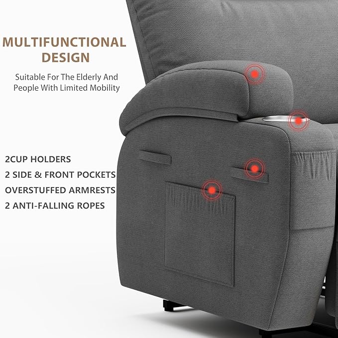 Flamaker Power Lift Chair Massage Recliner Chairs for Elderly - Ergonomic Design with Cup Holders &amp Side Pockets Remote Control (Gray)