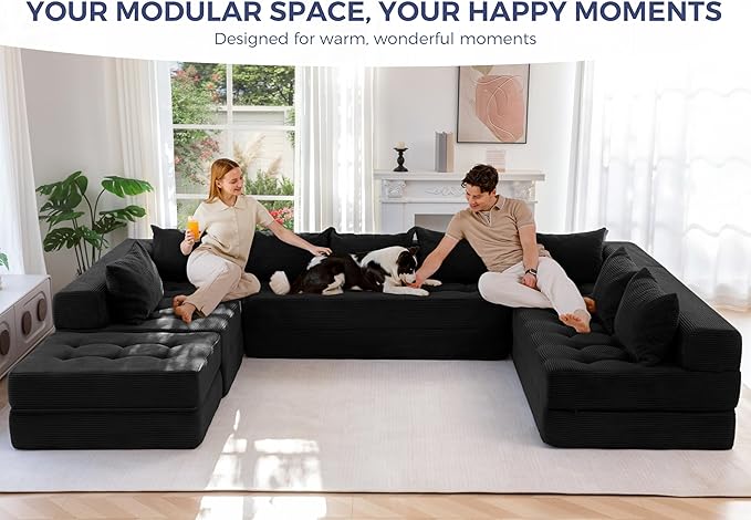 MAXYOYO Modular Sectional Sofa Couch Foldable Oversized U Shaped Cloud Couch with Pillows Tufted Boneless Sleeper Lounger Floor Sofa Bed for Living Room No Assembly Required Black