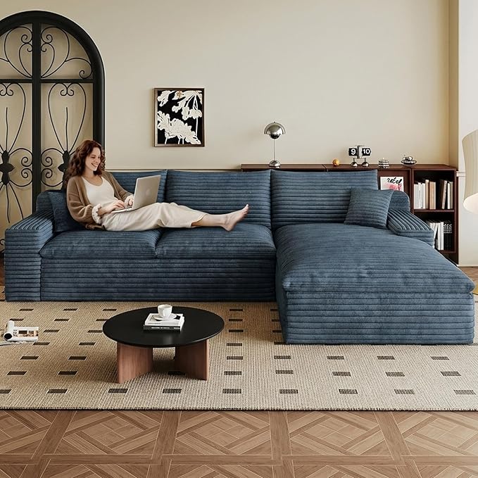 107 Cloud Sectional Couch L-Shaped Chaise Corduroy Boneless Couch for Living Room Bedroom Deep-Seat Upholstered Modular Cloud Sofa No Assembly Required (Blue Right Facing Chaise)