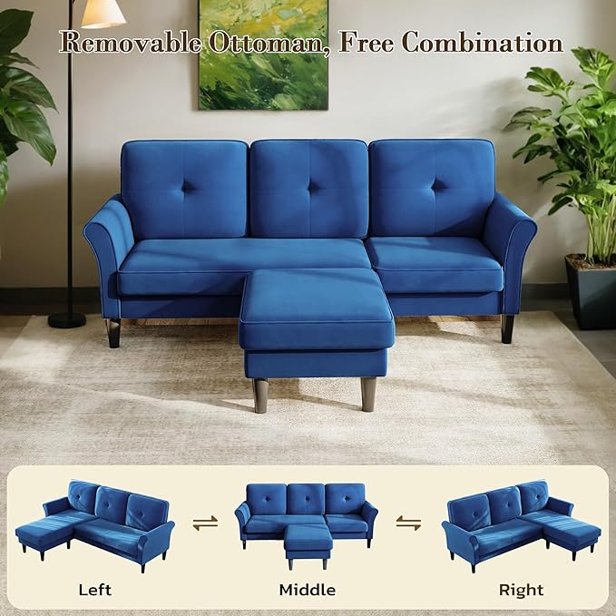 Sofas for Living Room 83 Velvet Sectional Couch with Moveable Ottoman Midcentury Modern Small Sectional Couch L Shape Sofa &amp 3 Seater Couches for Living Room Apartment Bedroom Blue