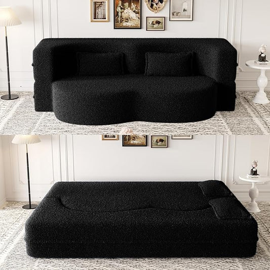 Ball &amp Cast 78 Floor Sofa Bed with 2 PillowsConvertible Teddy Fabric Foam-Filled Sleeper Sofa BedPull Out Couch Full Size Folding Mattress for Living RoomPlayroomNo Assembly RequiredBlack