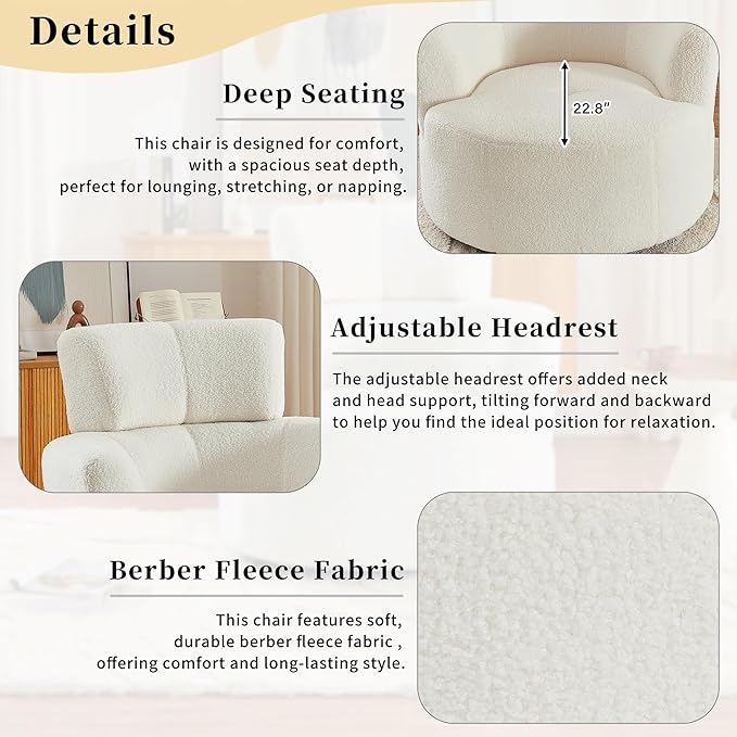 Swivel Accent ChairBedroom Barrel Chairs with Seat CushionModern 360° Soft Berber Fleece Fabric Circle Chair with Adjustable Headrest for Living Room(Cream)