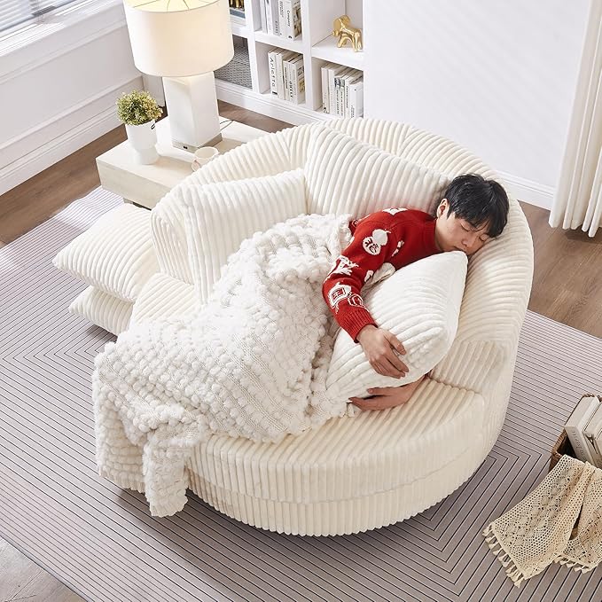 360° Swivel Accent Barrel Chair Corduroy Comfy Round Swivel Chair with Mental Base &amp Pillows Modern Lounge Reading Armchair Upholstered Plush Sofa Chairs for Living Room Bedroom Apartment(Bei