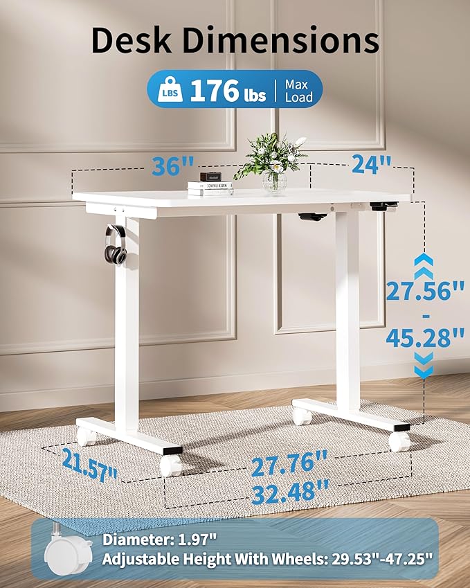 Okin Small Electric Standing Desk 36 x 24 Whole Piece Height Adjustable Desk White Sit to Stand Computer Workstation with Wheels for Home Office
