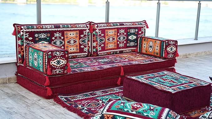 arabicsofa Maroon Arabic Majlis Sofa with Cushions – Modular Loveseat Floor Sofa for Living Room