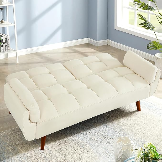 Convertible Futon Sofa Bed Sleeper Couch Bed with Adjustable Backrests Linen 3 Seater Small Couches for Small Spaces Living Room Bedroom(Beige 75)