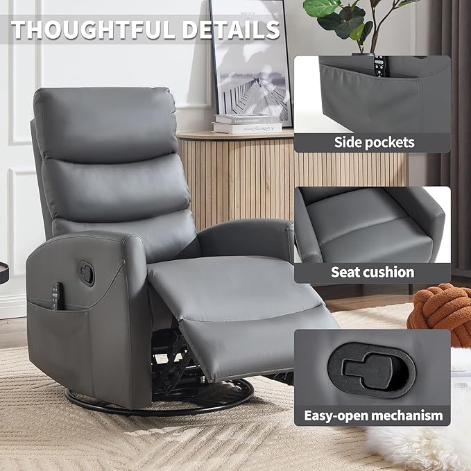 Swivel Recliner with Heat and Massage Rocker Recliner Chair for Living RoomGlider Recliner Nursery Chair with Black Metal Base/Adjustable Backrest and Footrest (PU Leather Grey3)