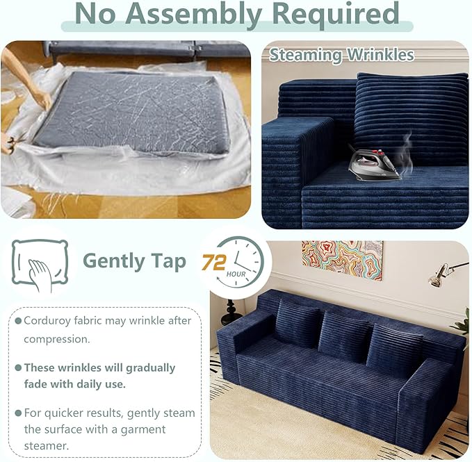 71 Cloud Loveseat SofaBoneless Deep Seat 2-Seater with 3 Pillows&ampSide PocketNo Assembly Foam Floor CouchPlush Corduroy FabricModern Living Room Sofa for Small Space Apartment(Flat HandrailBl