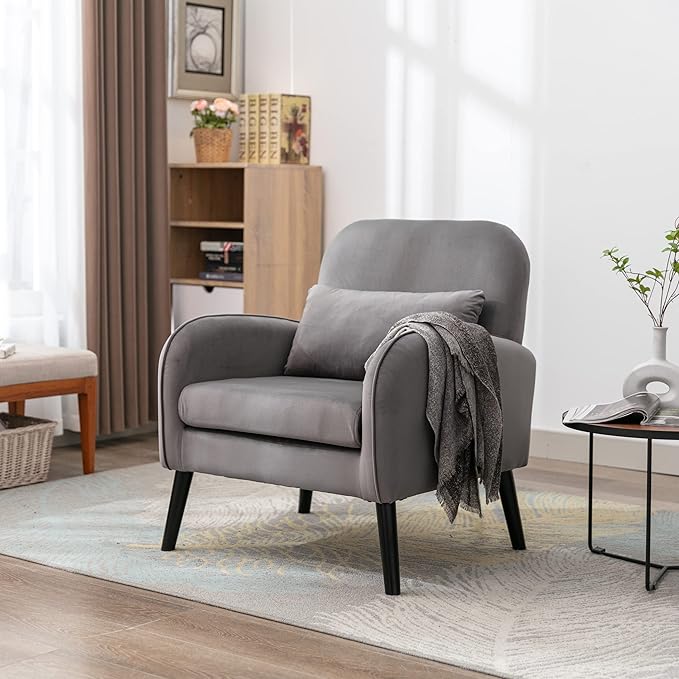 Mid Century Modern Accent ChairSingle Sofa Chair with Solid Wood Legs Comfy Fabric Upholstered Reading Armchair with A Soft Cushionfor Living Room BedroomApartmentOffice (Light Gray)