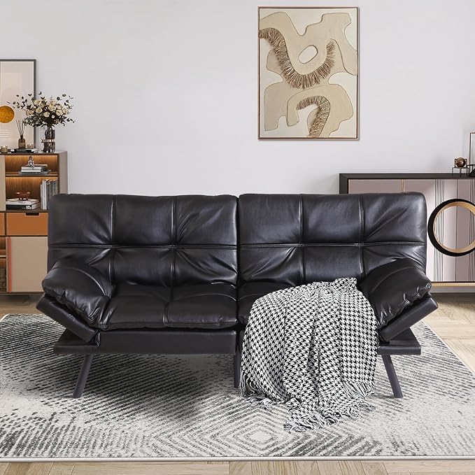 MUUEGM Futon Couch with 71 Adjustable High Density Memory Foam Futon Sofa Bed Modern Design Sofa Bed for Living Room Sleeping and Relaxing(Leather Black)