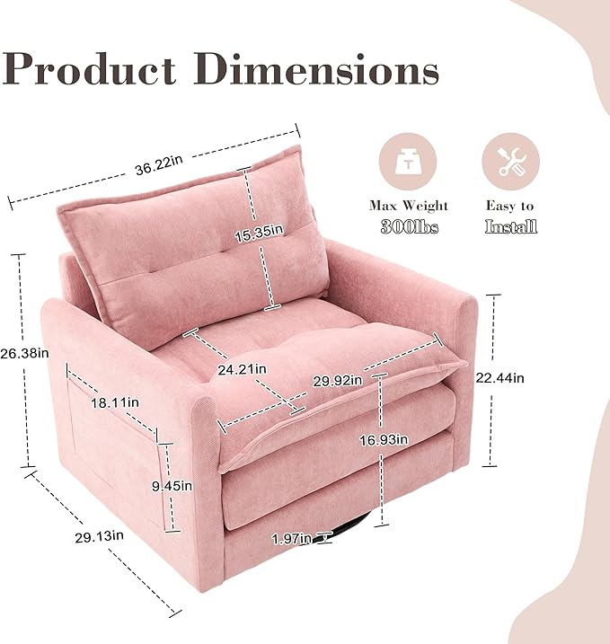 Swivel Accent Chair Modern Chenille Arm Chair Comfy Upholstered Accent Chair with 360 Degree Rotating Metal Base Single Sofa Chairs for Living Room Bedroom Reading Room Pink
