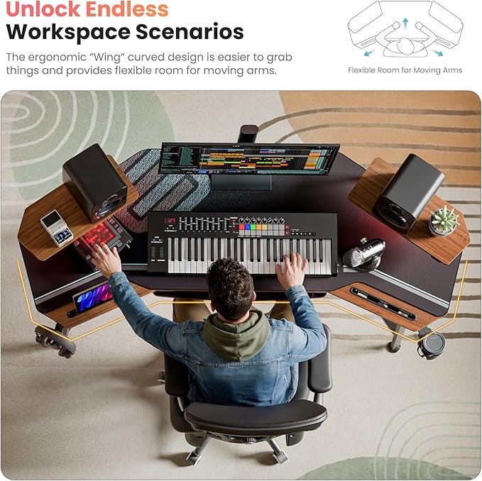 EUREKA ERGONOMIC 72 Gaming Desk W Keyboard Tray Wing-Shaped Music Studio Desk Large Computer Table W LED Convertible Monitor Stand Dual Headphone Hanger for Recording Live Streamer Walnut Wood
