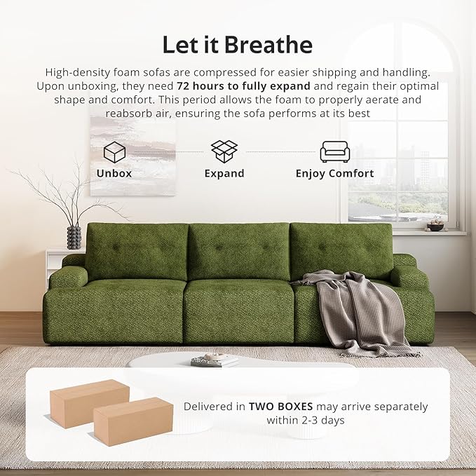 98 Chenille Modular Sectional Sofa 3-Seater Cloud Couch for Living Room Oversized Comfy Modular sectional couches for Living Room Boneless Couch 3 Seater Green Couch