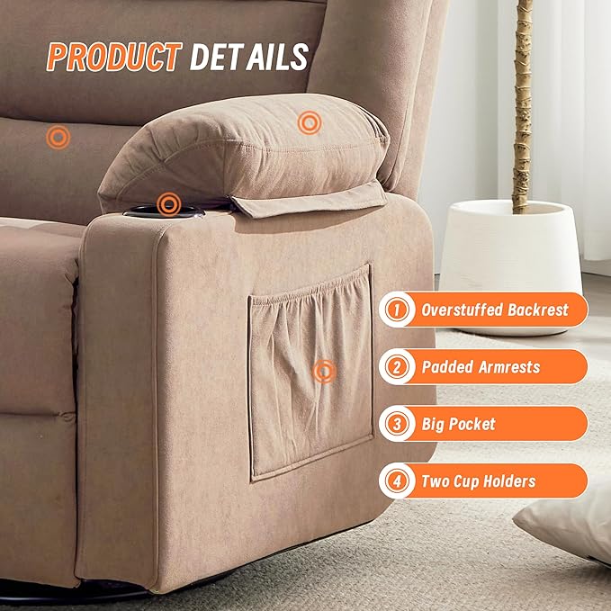 360°Swivel Rocker Recliner Chair for AdultsManual Glider Recliner Sofa with Massage and Heating Nursery Rocking Chairs with Cup Holds for Living Room Bedroom (Light Mocha)