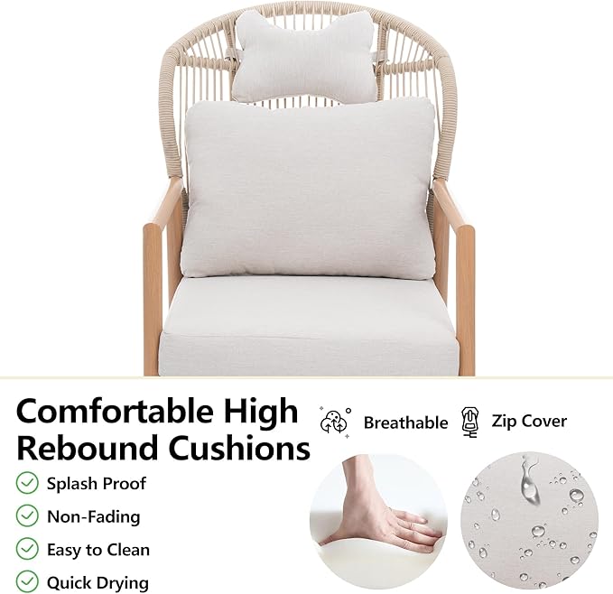 Modern Living Room Chairs Accent Chairs Set of 2 with Coffee Table Comfy Arm Chair with Cushions Rattan Reading Lounge Chair with Metal Frame Armchair for Bedrooom/Indoor/Outdoor Beige