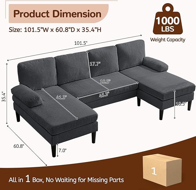 101 Sectional Couches for Living Room U Shaped Sofa with Double Chaise Lounge Modern Chenille Fabric 4-Seat Couch for Apartment/Small Space Grey