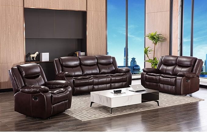 Familymill Breathable Leather Manual Reclining 3-Seat Sofa for Living Room/Office/RV