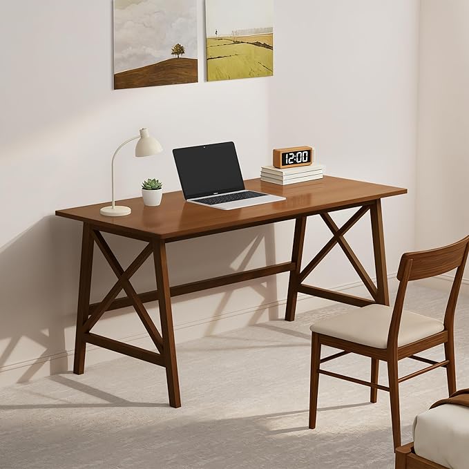 Modern Solid Wood Desk - 54 Simple Computer Table for Home Office Study Writing Workstation in Walnut 54 W x 24 D