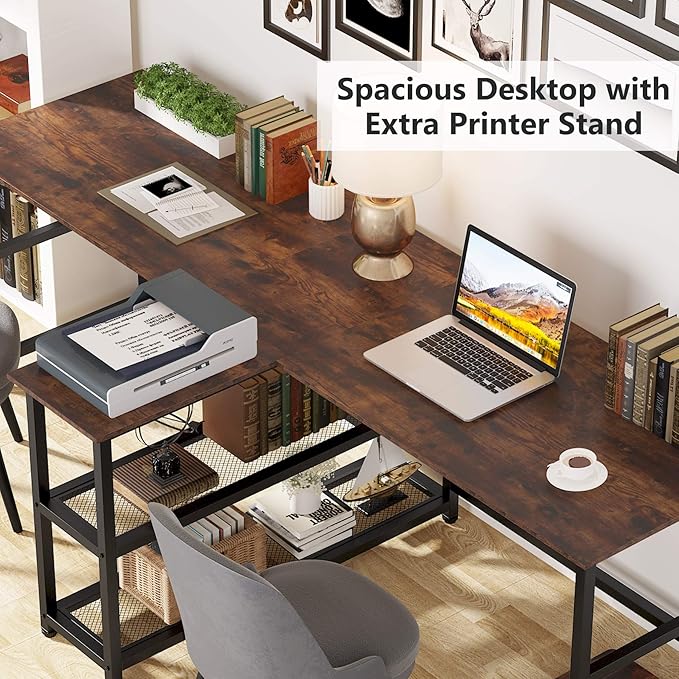 Tribesigns 90.5 inch Computer Desk Extra Long Two Person Desk with Storage Shelves Double Workstation Office Desk Study Writing Desk for Home Office (Brown 90.5x21.7 in)