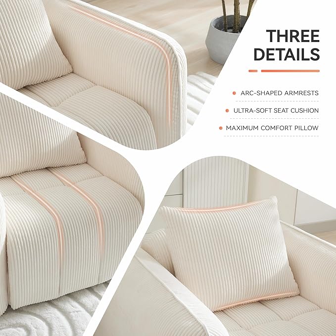 Oversized Boneless Corduroy Accent Chair Comfy Deep Seat Armchair for Bedroom Modern Upholstered Living Room Sofa Chair with Pillow No Assembly White