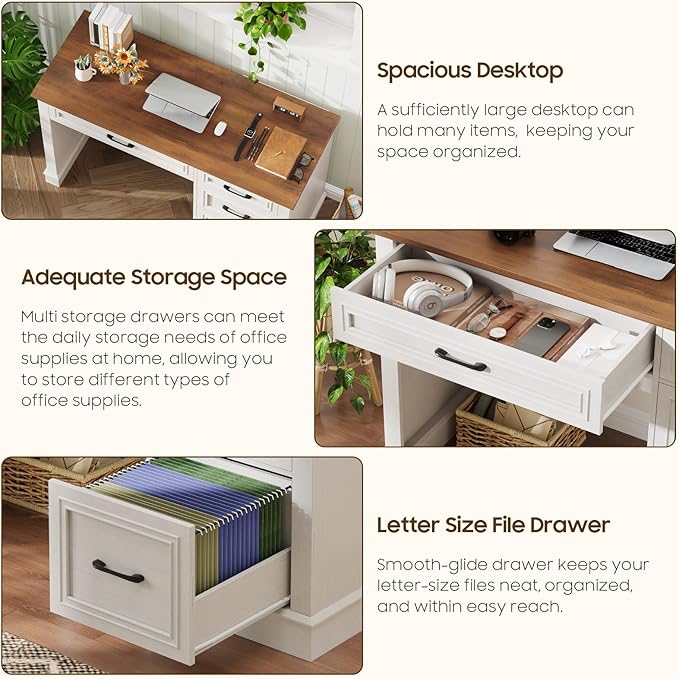 Farmhouse 47 Executive Desk with File Drawer Computer Desk with 4 Drawers Workstation for Study Home Office Writing Unique White.