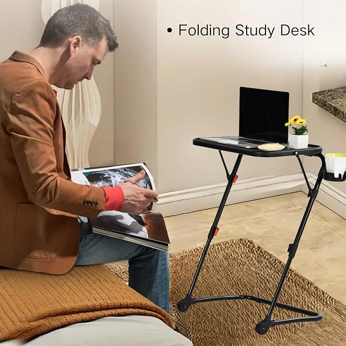 Homy Casa Adjustable Z Shaped Study Desk with Cup Holder Space Saving Portable Laptop Foldable Table for Home Office Living Room &amp Bedroom Sturdy Metal Frame &amp PP Top Black 4PCS