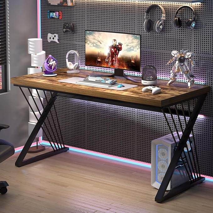 FOLUBAN Home Office Desk Modern Wood and Metal Computer Desk Simple Writing Work PC Desks for Bedroom Industrial Study Gaming Table for Living Room Rustic Brown 53 Inch