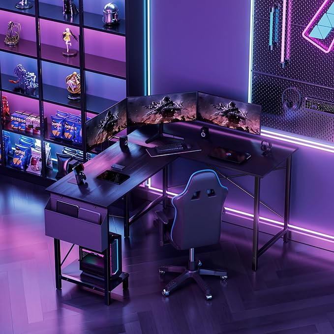 YSSOA 50 L Shaped Gaming Desk with Reversible Corner - Home Office Computer Desk with Wood Top Metal Frame CPU Stand &amp Storage Bag for Small Space Gaming Room Black