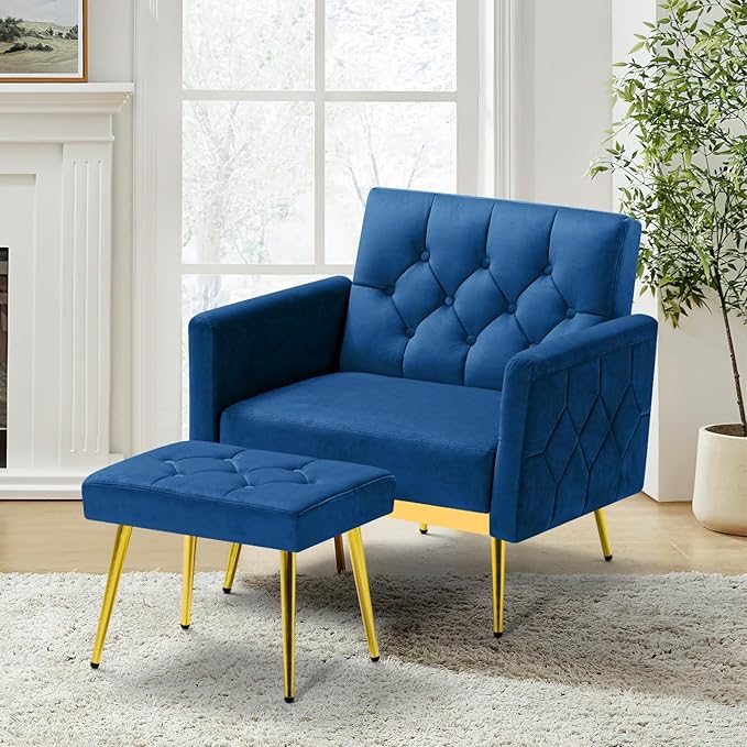 Velvet Accent Chair w/Adjustable Armrests and Backrests Tufted Single Sofa with Ottoman Upholstered Reading Chiar for Living Room Apartment Bedroom Blue