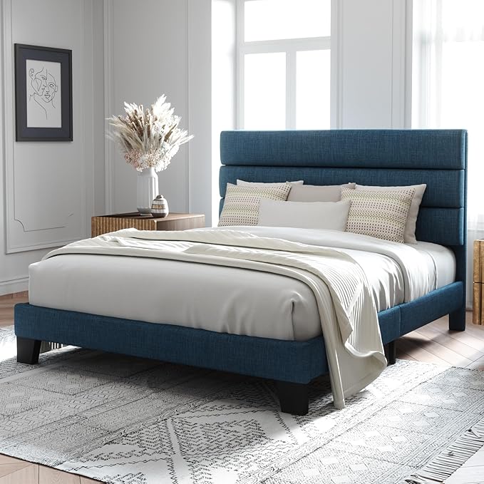 Allewie Queen Size Platform Bed Frame with Fabric Upholstered Headboard and Wooden Slats Support Fully Upholstered Mattress Foundation/No Box Spring Needed/Easy Assembly Navy Blue