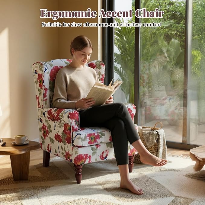 EROMMY Floral Accent Chair Comfortable High Back Upholstered Armchair with Solid Wood Legs Leisure Single Sofa Chair for Living Room Bedroom Home Office Pink Floral