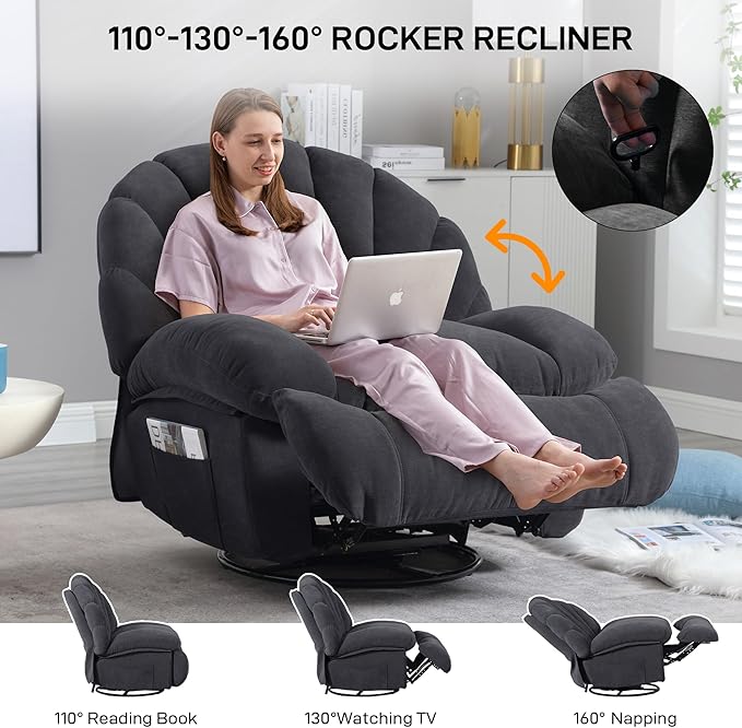 Swivel Rocker Recliner Chair – Shell Shape Manual Big Tall Single 360° Swivel Reclining Sofa with Storage Pockets | Small Space-Friendly for Living Room/Bedroom (NO Massage &amp Heat Gray)