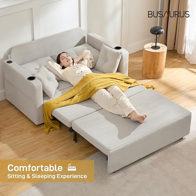 Convertible Sleeper Sofa Bed 56 Loveseat Sleeper Sofa with Pull Out Couch Bed Full Size Storage Pocket USB Port Comfy Small Couches for Living Room Bedroom Apartment Beige