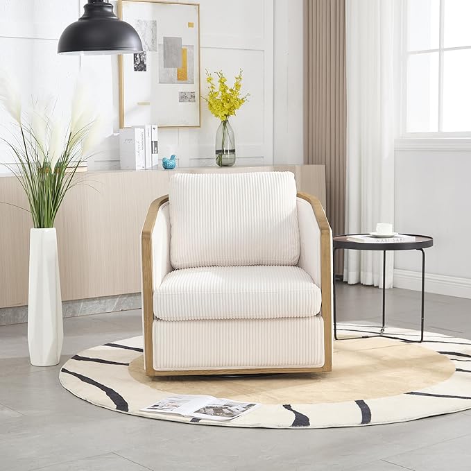360 Degree Swivel Barrel Club Chair Comfortable Accent Sofa Chair for Living Room Leisure Armchair with Sturdy Hardwood Frame and Metal Base for Nursery Hotel Bedroom Office Lounge (Beige)