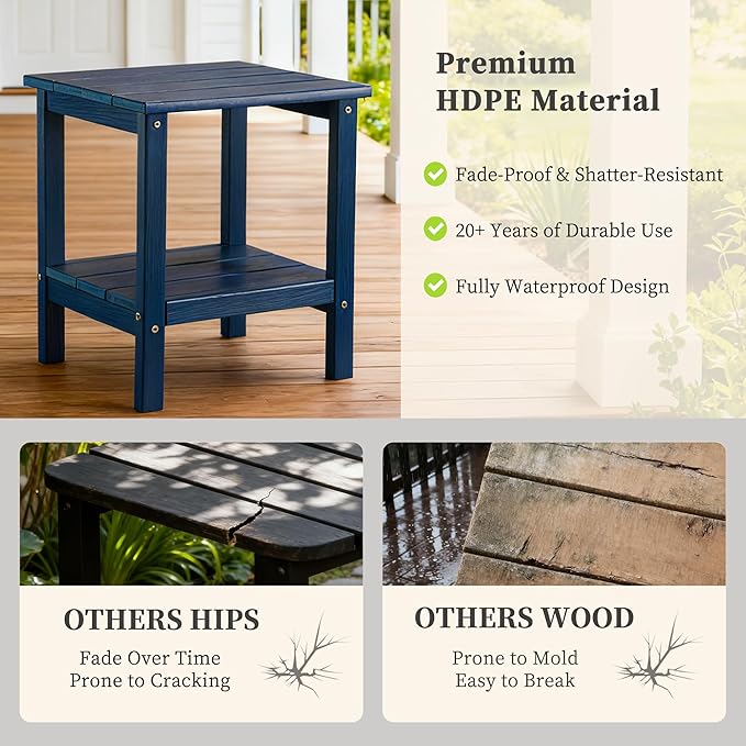 Outdoor Side Table Double Layer Small Side TablesAll Weather Adirondack Side Table Waterproof Outdoor End Tables for Patio Pool Porch (Navy Blue)
