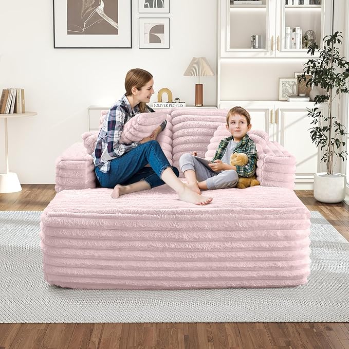 Chaise Lounge Chair Indoor Comfy Corduroy Plush Fluffy Foam Floor Compression Sofa Chair Leisure Reading Single Sleeper Chaise Chair for Living Room Bedroom Office Pillows Included (Pink)